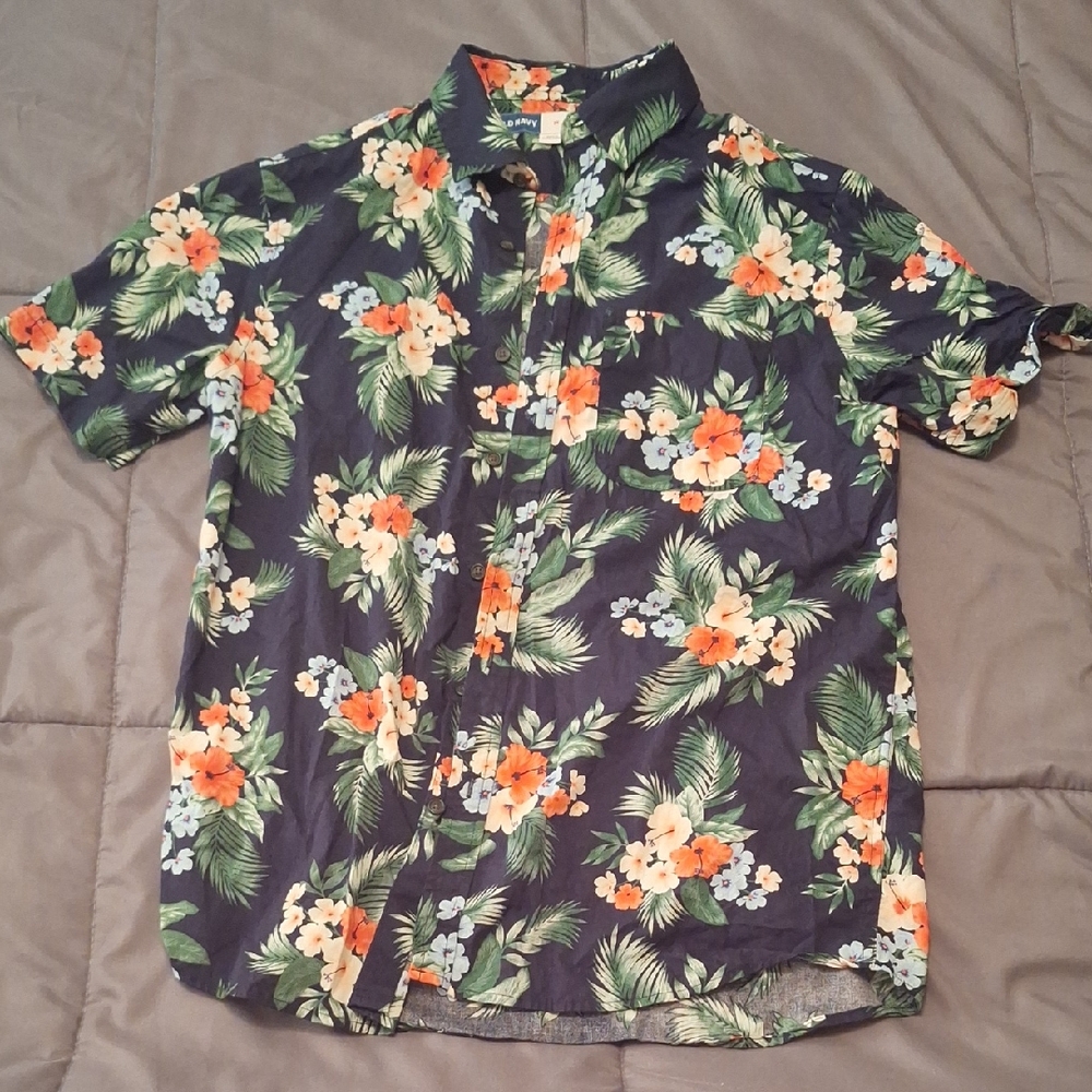Old Navy Men's Tropical Floral Shirt - Black and Orange